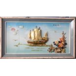 A LARGE MID C20TH CHINESE ADVERTISING DISPLAY WITH BOATS AND FLOWERS. 110 cm x 60 cm.