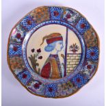 A 19TH CENTURY ITALIAN FAIENCE HISPANO MORESQUE TYPE LUSTRE GLAZED DISH painted with a male. 19 cm d