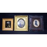 A framed 19th Century Silhouette together with a framed miniature and a framed religious plaque. 9