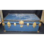 A vintage blue and black leather studded travelling trunk 80 x 50 x 30cm.