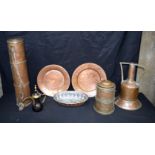 A collection of copper and brass items including large dishes, a ewer, cans etc 57 cm (8)