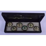 A RARE SET OF ANTIQUE CHINESE SILVER AND ENAMEL BUTTONS. 3 cm wide. (6)