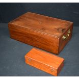 An antique wooden brass handled lidded box together with a smaller wooden box. 40 x 24 x 13cm (2)