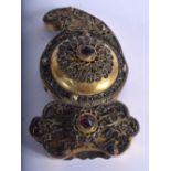 AN ANTIQUE INDIAN GEM SET FILIGREE BUCKLE. 11 cm x 6 cm.