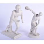 TWO ANTIQUE GRAND TOUR PARIAN WARE FIGURES OF ATHLETES including the discus thrower. Largest 22 cm h