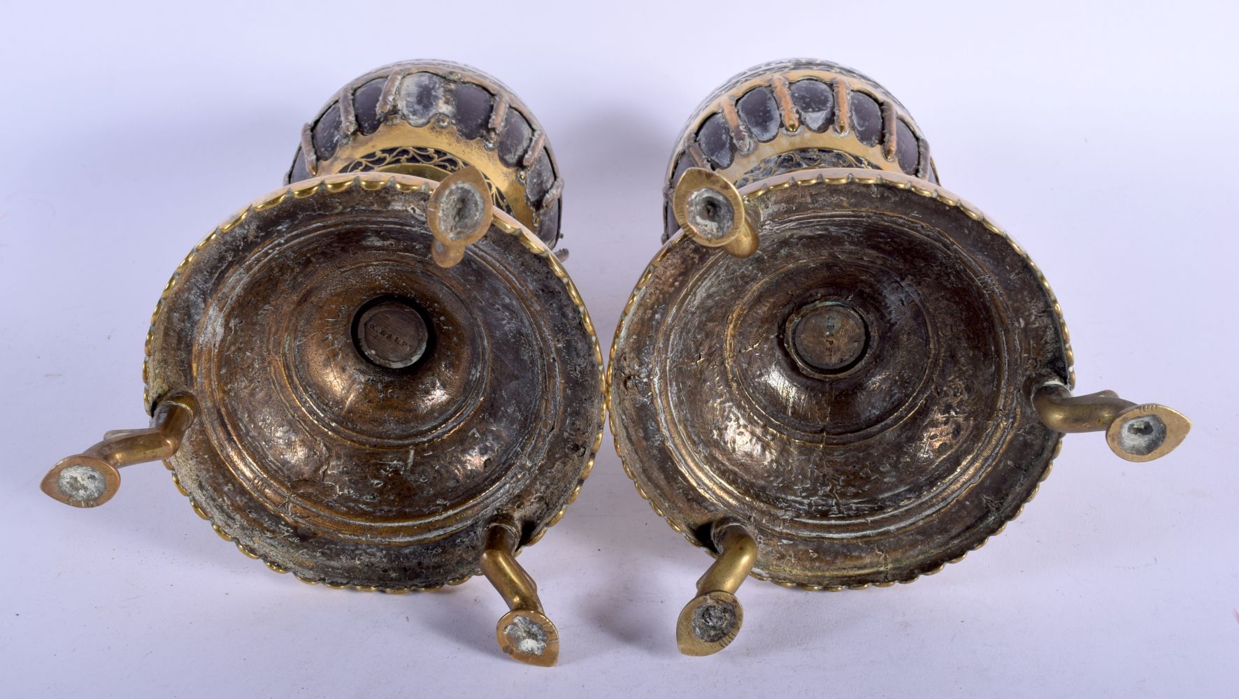 A PAIR OF 18TH /19TH CENTURY INDIAN SILVER INLAID COCONUT SHELL VASES decorated with foliage and vin - Image 3 of 3