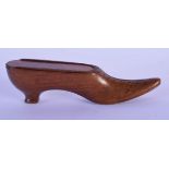 A 19TH CENTURY TREEN SHOE SNUFF BOX AND COVER in the form of a shoe. 13 cm x 4 cm.