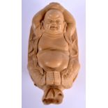 A RARE EARLY 20TH CENTURY JAPANESE MEIJI PERIOD STONEWARE FIGURE OF A BUDDHA modelled reclining with