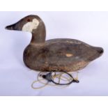 AN EARLY 20TH CENTURY EUROPEAN FOLK ART PAINTED WOOD DUCK DECOY with metal fittings. 36 cm x 27 cm.