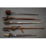 FIVE ANTIQUE MILITARY SWORDS including naval examples. Largest 100 cm long. (5)