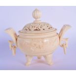 AN EARLY 20TH CENTURY CARVED IVORY CENSER AND COVER Late Qing/Republic, decorated with mask heads. 1