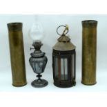 A pair of WW1 trench art ammunition shells (1917) together with two lamps (4)