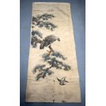 A 19TH CENTURY JAPANESE MEIJI PERIOD EMBROIDERED SILK PANEL decorated with a hawk and another in fli