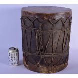 AN UNUSUAL EARLY 20TH CENTURY AFRICAN TRIBAL HIDE AND SKIN MOUNTED DRUM with rope twist style overla
