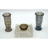 A silver topped inkwell together with two small filigree glass vases 11cm (3).