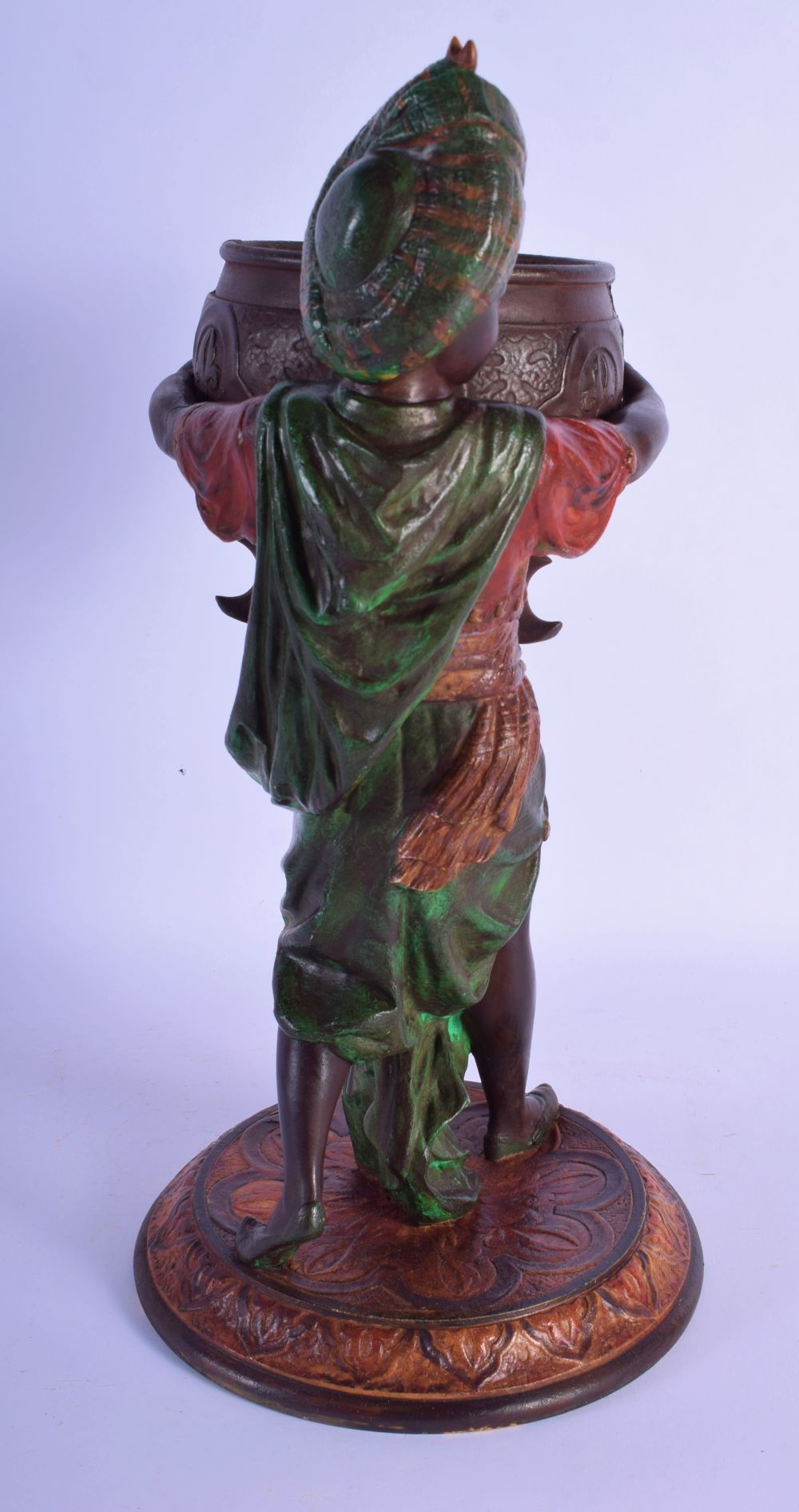 A 19TH CENTURY EUROPEAN PAINTED SPELTER FIGURE OF A MALE modelled wearing a turban holding a censer. - Image 4 of 5