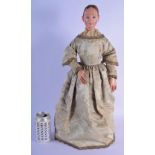 A 19TH CENTURY PAINTED AND LACQUERED WOOD STANDING DOLL modelled in floral robes. 52 cm high.