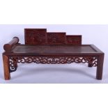 A CHINESE CARVED HARDWOOD MINIATURE DAY BED SCHOLARS OBJECT 20th Century. 24 cm x 12 cm.