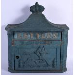 AN ANTIQUE GREEN PAINTED CAST IRON LETTER BOX decorated with a figure riding upon a horse. 42 cm x 3