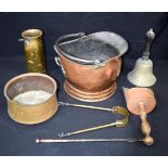 A trench art fire iron holder together with a coal skuttle, scoop, a bronze bell etc 24 x 34 (7).
