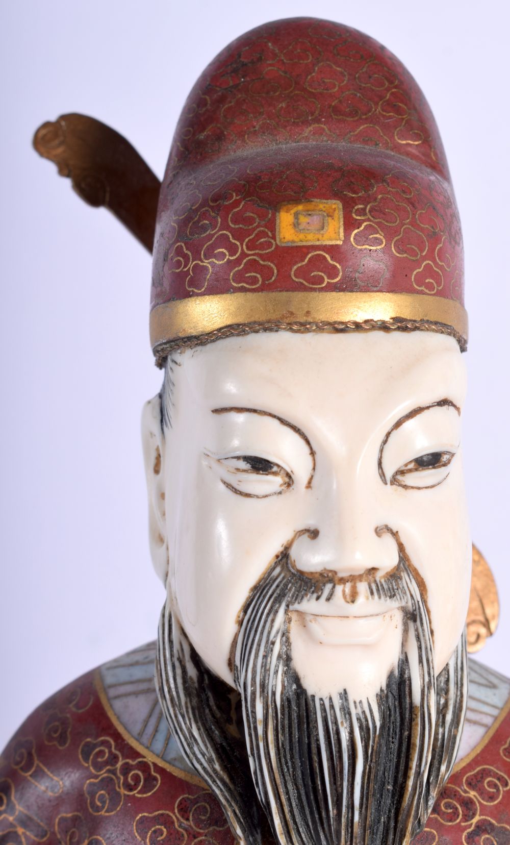 A LARGE EARLY 20TH CENTURY CHINESE CLOISONNE ENAMEL FIGURE OF A SCHOLAR with ivory head and hand. 37 - Image 3 of 5