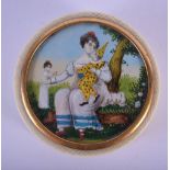 A LATE 18TH/19TH CENTURY EUROPEAN PAINTED IVORY INSET BOX AND COVER painted with a figures. 5.5 cm d