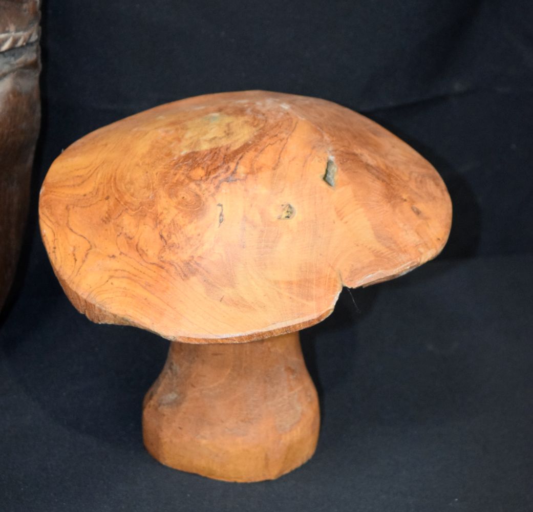 A large carved hardwood African mask, together with two carved wooden mushrooms and a small wooden t - Image 4 of 9