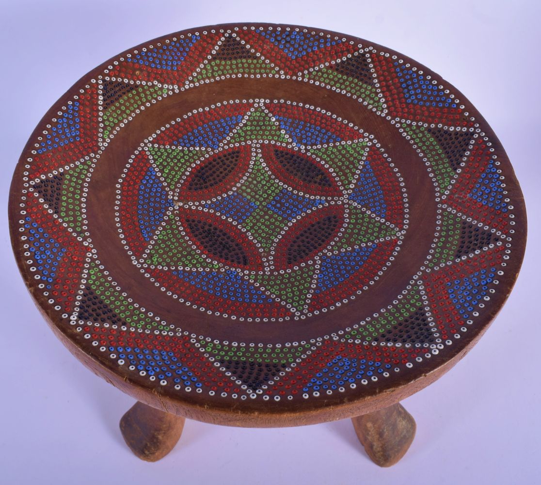 AN EARLY 20TH CENTURY AFRICAN TRIBAL BEAD INSET KENYAN STOOL with splayed legs. 24 cm x 22 cm. - Image 3 of 4