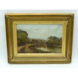 A framed 19th century oil on canvas of a river bank scene by J. Lewis 20 x 30 cm.