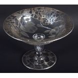 AN ART NOUVEAU SILVER OVERLAID GLASS PEDESTAL COMPORT decorated with foliage and vines. 12 cm x 15 c