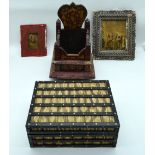 A large quill box together with an unusual small painted wooden throne, framed picture on board fra