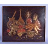 A STYLISH MID CENTURY CONTINENTAL COPPER AND BRASS MIXED MEDIA PANEL depicting fish and fruits. 45 c