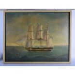 European School (19th Century) Oil on canvas, Ship at sea. Image 78 cm x 62 cm.