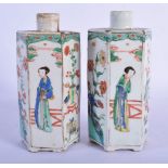 A PAIR OF 17TH CENTURY CHINESE FAMILLE VERTE PORCELAIN TEA CANISTERS Kangxi, painted with figures an