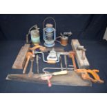 A group of vintage tools and an Oil lamp (Qty).