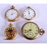 FOUR GOLD PLATED POCKET WATCHES. 268 grams overall. Largest 5.5 cm wide. (4)