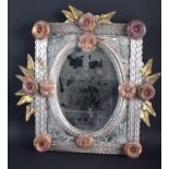 AN ANTIQUE VENETIAN GLASS MIRROR overlaid with foliage and vines. 40 cm x 36 cm.