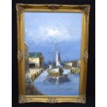 A large framed oil on canvas of a sailing barge at a quayside by M Ryan. 90 x 59cm.