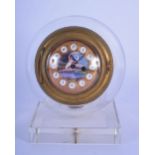 A RARE 19TH CENTURY FRENCH CRYSTAL BALL GLASS AND ENAMEL DESK CLOCK of very unusual form, the dial p