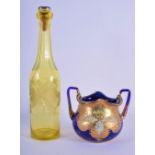 AN ANTIQUE YELLOW AMBER GLASS DECANTER AND STOPPER together with a Bohemian bowl. Largest 35 cm high