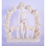 AN ART DECO CARVED MARBLE FIGURE OF DIANA modelled beside two deer. 26 cm x 20 cm.