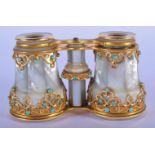 A FINE PAIR OF MID 19TH CENTURY MOTHER OF PEARL OPERA GLASSES overlaid in yellow metal and turquoise