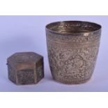 AN ANTIQUE MIDDLE EASTERN SILVER BEAKER together with a hexagonal Chinese export box. 116 grams. 7.2