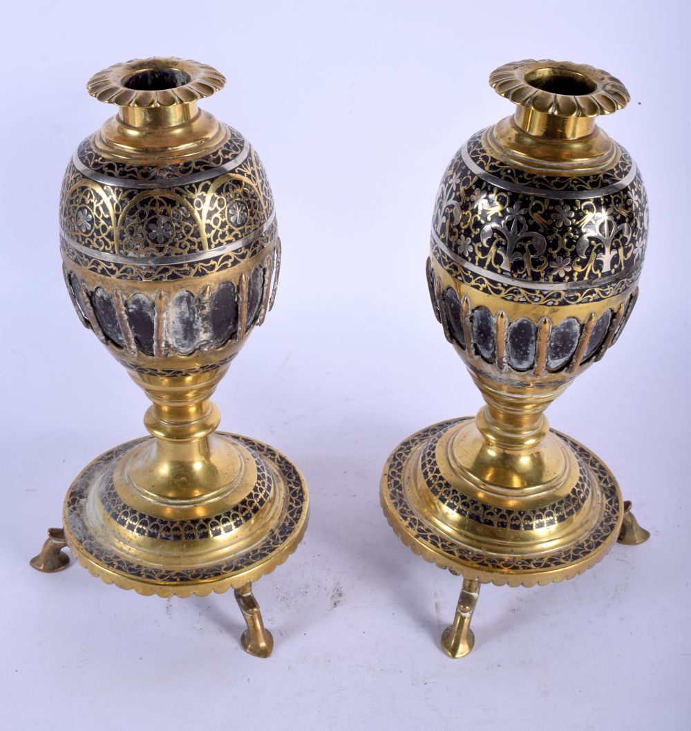 A PAIR OF 18TH /19TH CENTURY INDIAN SILVER INLAID COCONUT SHELL VASES decorated with foliage and vin - Image 2 of 3