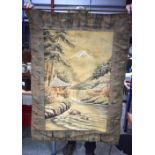 A South East Asian hanging silk tapestry depicting a river and a mountainous scene. 110 x 80cm.