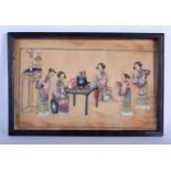 A 19TH CENTURY CHINESE PITH PAPER WATERCOLOUR depicting females seated reading calligraphy. Pith 32