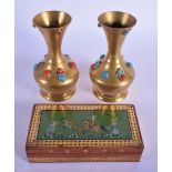 A PAIR OF INDIAN TURQUOISE AND CORAL JEWELLED VASE together with a similar box. (3)