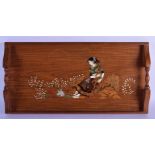 AN EARLY 20TH CENTURY INDIAN HARDWOOD IVORY INLAID TRAY depicting a female. 60 cm x 30 cm.