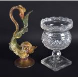 A REGENCY CUT GLASS VASE together with an antique Venetian Salviati glass fish vase. Largest 24 cm h