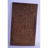 A RARE LARGE 18TH/19TH CENTURY CARVED WOOD TREEN BISCUIT MOULD depicting boats and a figure upon a b